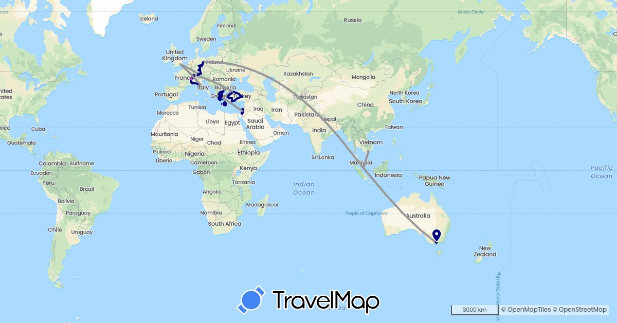 TravelMap itinerary: driving, bus, plane, train, hiking, boat in Australia, Switzerland, Germany, France, United Kingdom, Greece, Israel, Italy, Singapore, Turkey, Vietnam (Asia, Europe, Oceania)